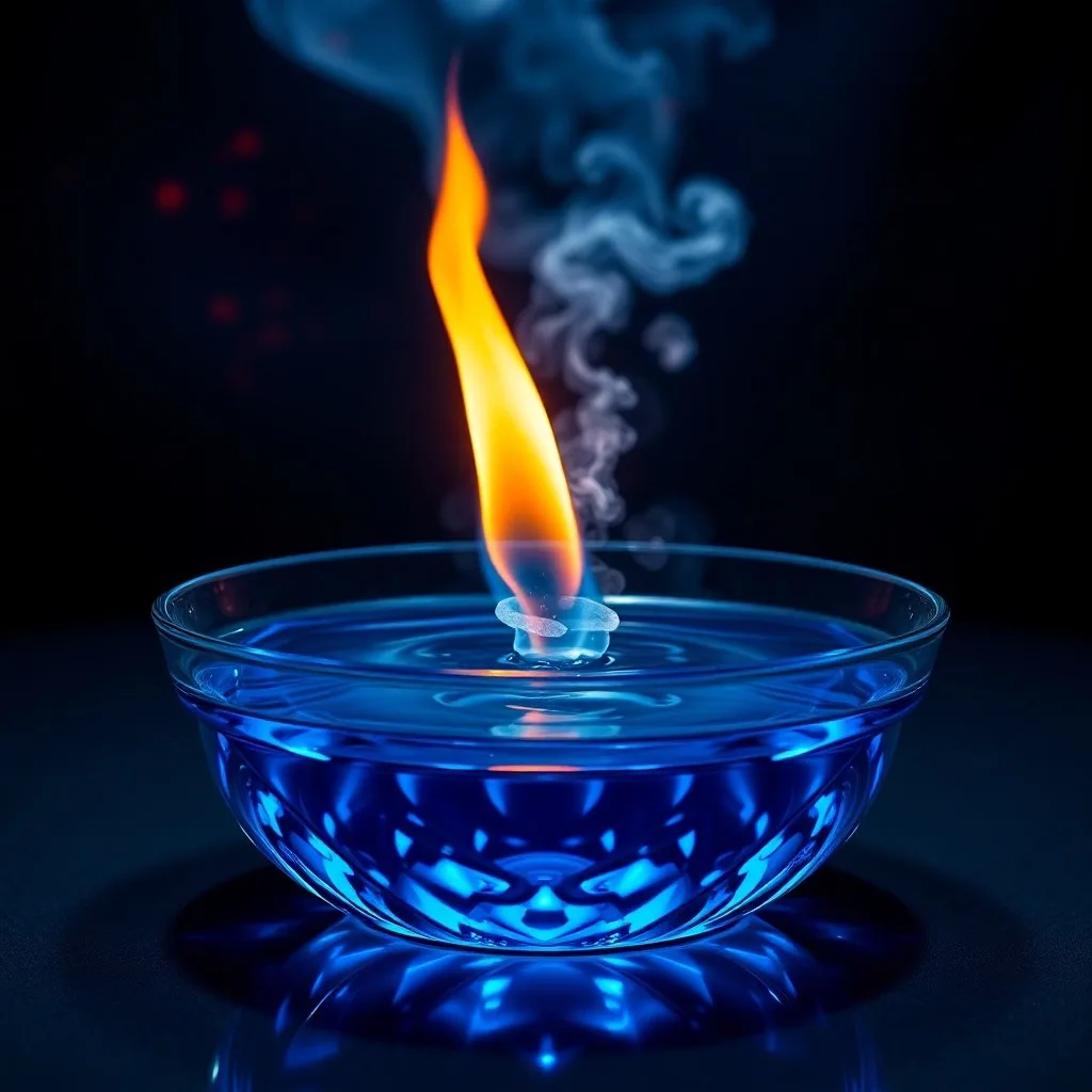 Bodegón cinematográfico de un cáliz de agua azul y una vela encendida, representando la esencia de los elementos agua y fuego.