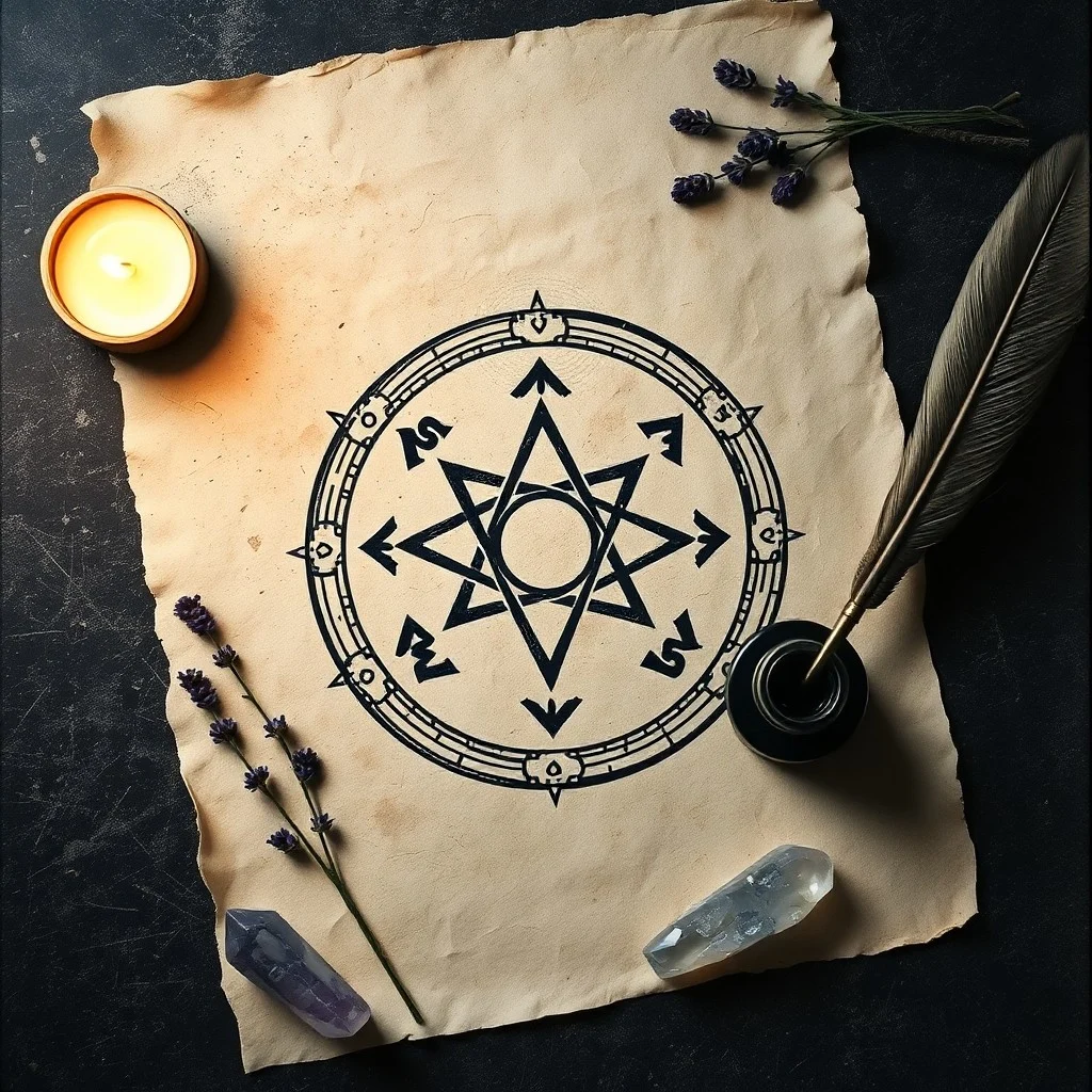 Vintage quill pen on aged paper with a half-drawn sigil, surrounded by dried herbs and a crystal