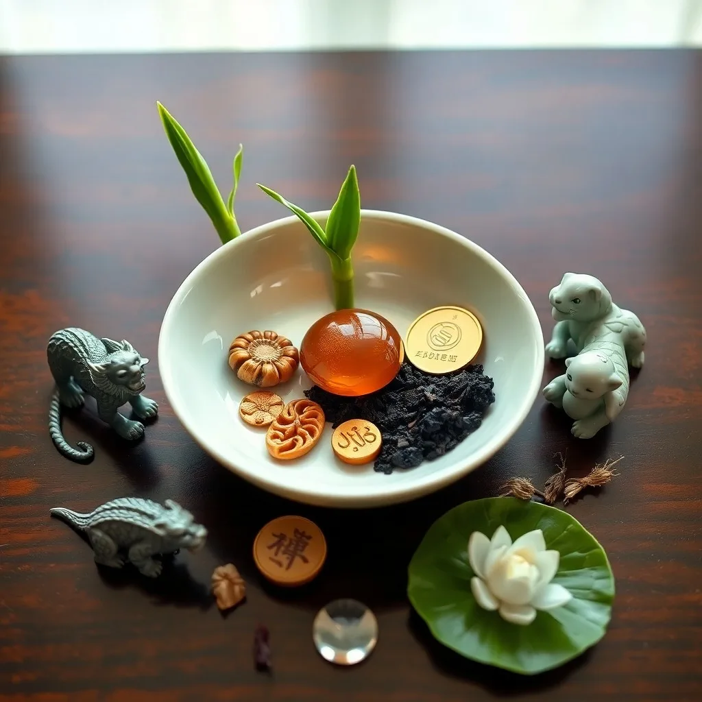 Traditional Chinese medicinal herbs and elemental stones for balance.