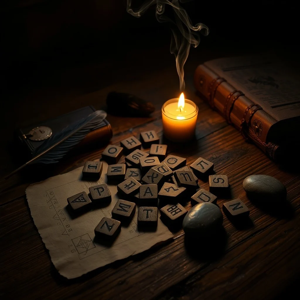 Vintage photograph of hand-carved wooden rune pieces on a worn leather pouch with an antique quill and parchment.