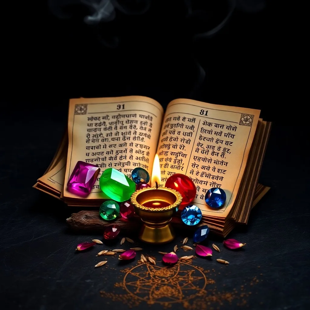 Arte conceptual de un antiguo manuscrito sánscrito abierto, iluminado por una lámpara de aceite parpadeante, con humo de incienso y un rosario de rudraksha, sobre un fondo de mapa celestial difuso.