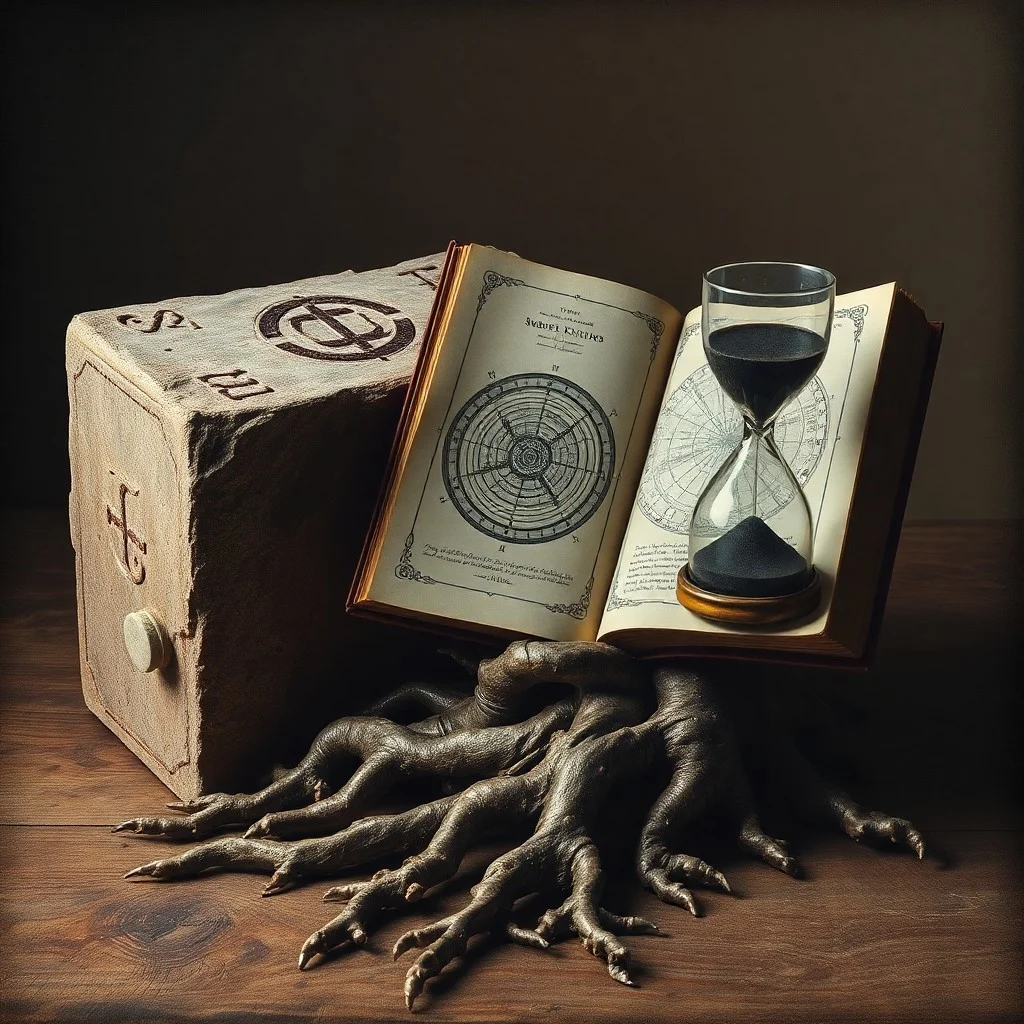 Un libro antiguo y desgastado con el título 'Lecciones del Tiempo' sobre un escritorio de madera, junto a una vela encendida, un reloj de arena y brújulas, simbolizando la disciplina y la responsabilidad.
