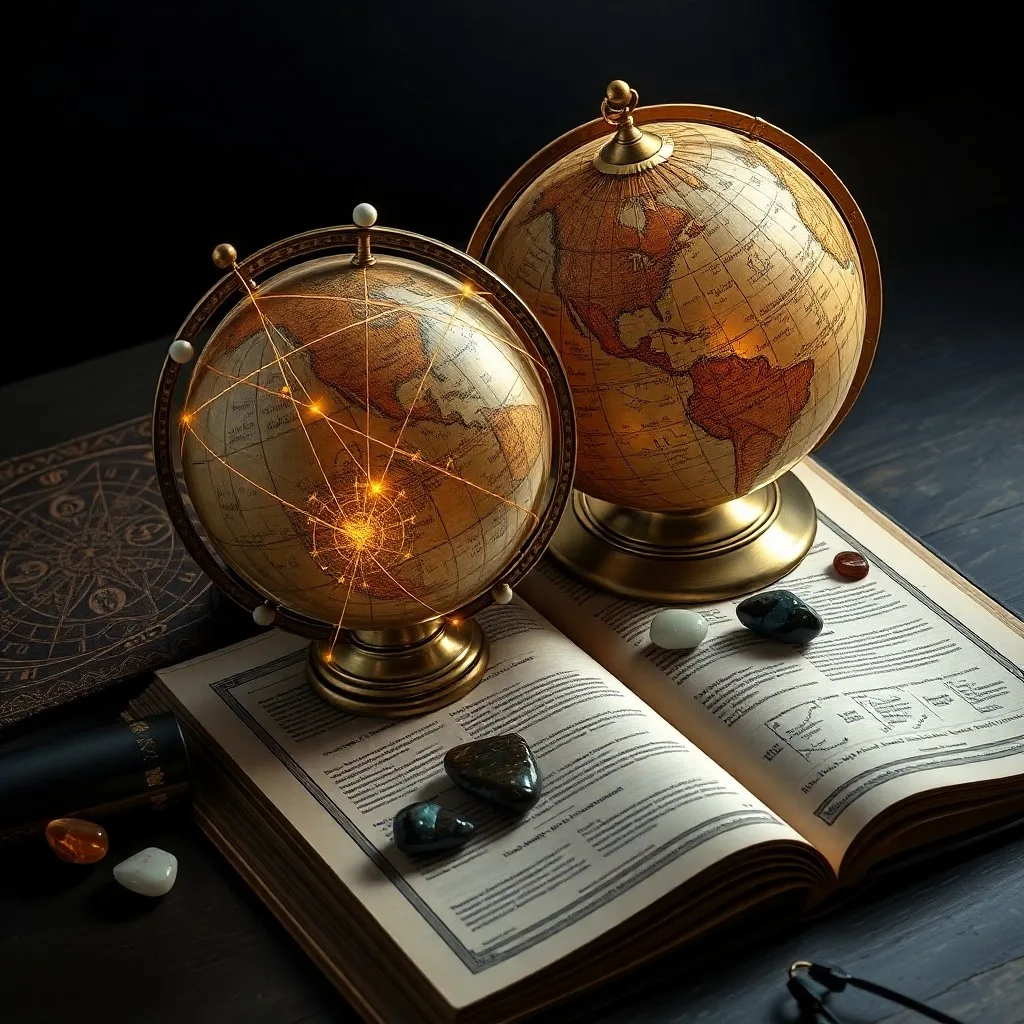An antique, weathered wooden compass pointing towards a stylized, glowing constellation map, resting on a velvet cloth, illuminated by a soft beam of light.