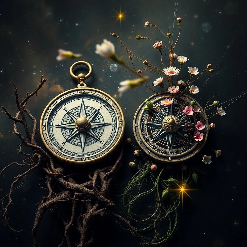 A weathered parchment scroll with astrological symbols and a golden knotted thread, under soft light, representing karmic lessons.