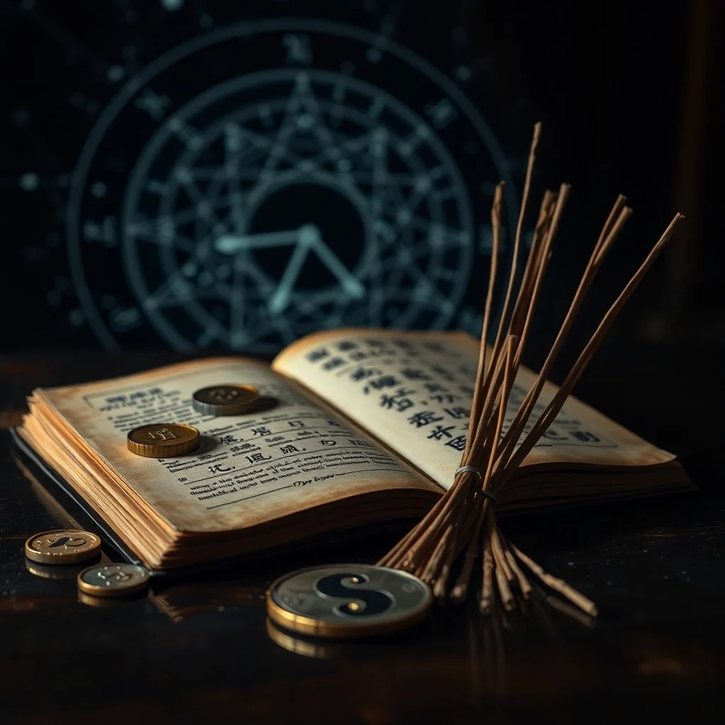 Arte conceptual de un hexagrama intrincado formado por líneas brillantes contra un fondo de polvo cósmico y estrellas, representando patrones universales y el cambio.
