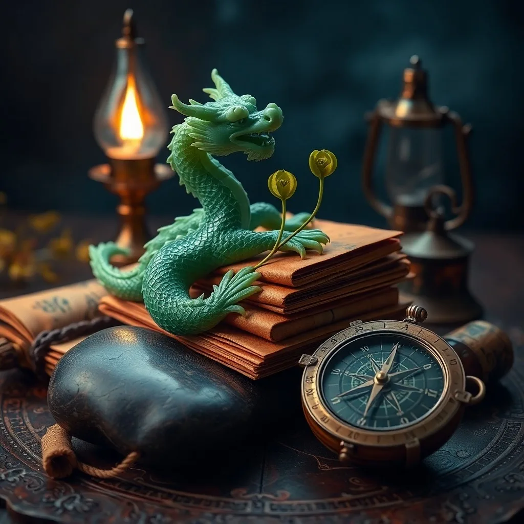 Cinematic still life of an organized antique wooden desk with a ledger, compass, and jade mountain carving, symbolizing diligent planning and grounded ambition.