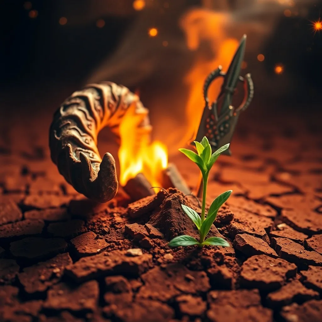 Arte conceptual de un pequeño roble brotando de tierra agrietada, con raíces visibles y luz brillante en el horizonte.