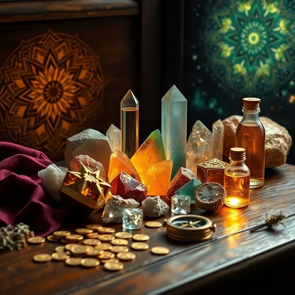 Bodegón cinematográfico de cristales de prosperidad (citrino, pirita, aventurina verde) con una llave antigua y una bolsa de monedas de oro.
