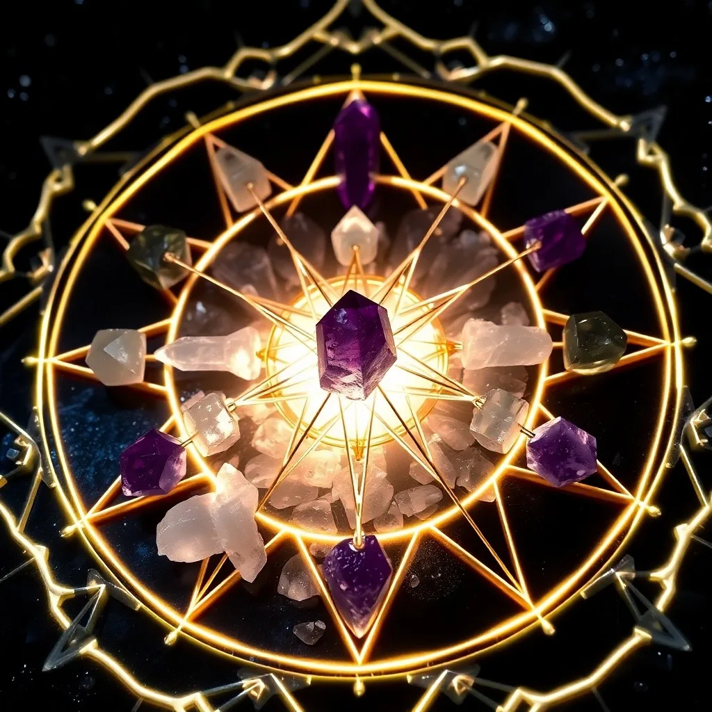 Still-life photograph of a crystal grid on a dark wood table, featuring various crystals arranged in a sacred geometric pattern.