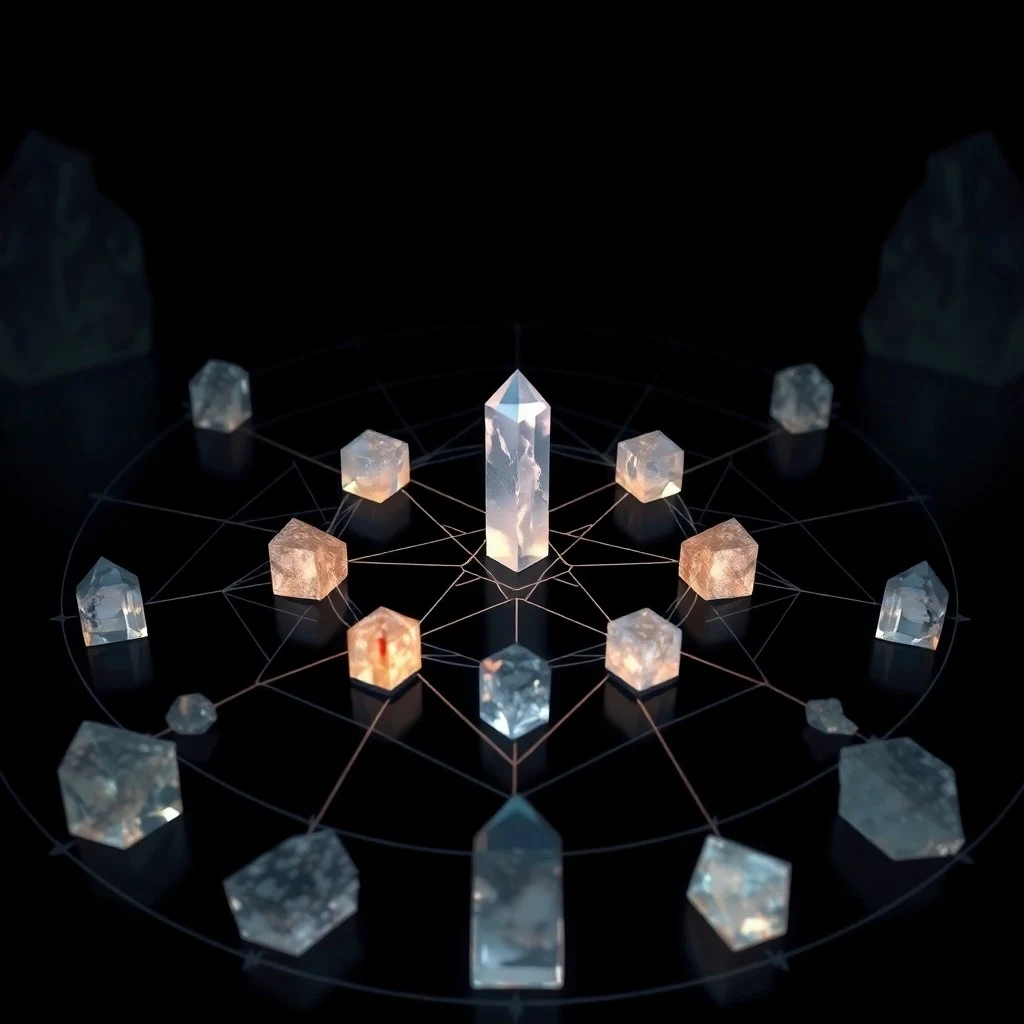3D isometric render of an ancient, glowing crystal grid floating in a mystical chamber with intricate gold lines and magical particles.