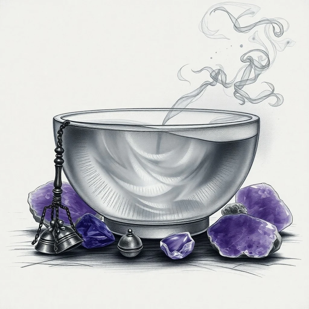 A watercolor painting of an antique Tibetan singing bowl, gently resonating on a wooden surface, with ethereal mist rising.