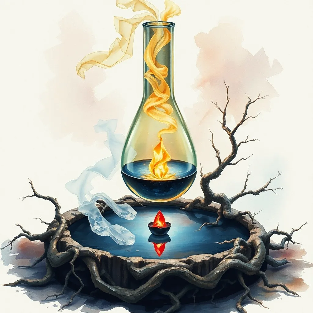 Arte conceptual de una raíz de árbol gnarled rompiendo una superficie metálica lisa, simbolizando la unión de la tierra y el metal.