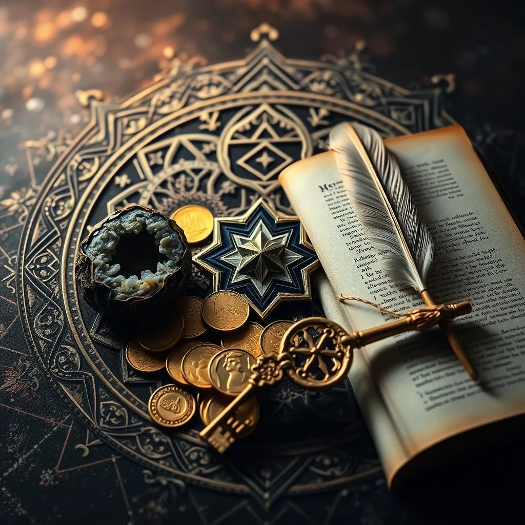 A meticulously arranged collection of antique leather-bound books, a heavy brass key, a vintage compass, and a small, intricately carved wooden box, all bathed in the soft glow of a single, distant window. The composition emphasizes comfort, security, and accumulated wisdom.