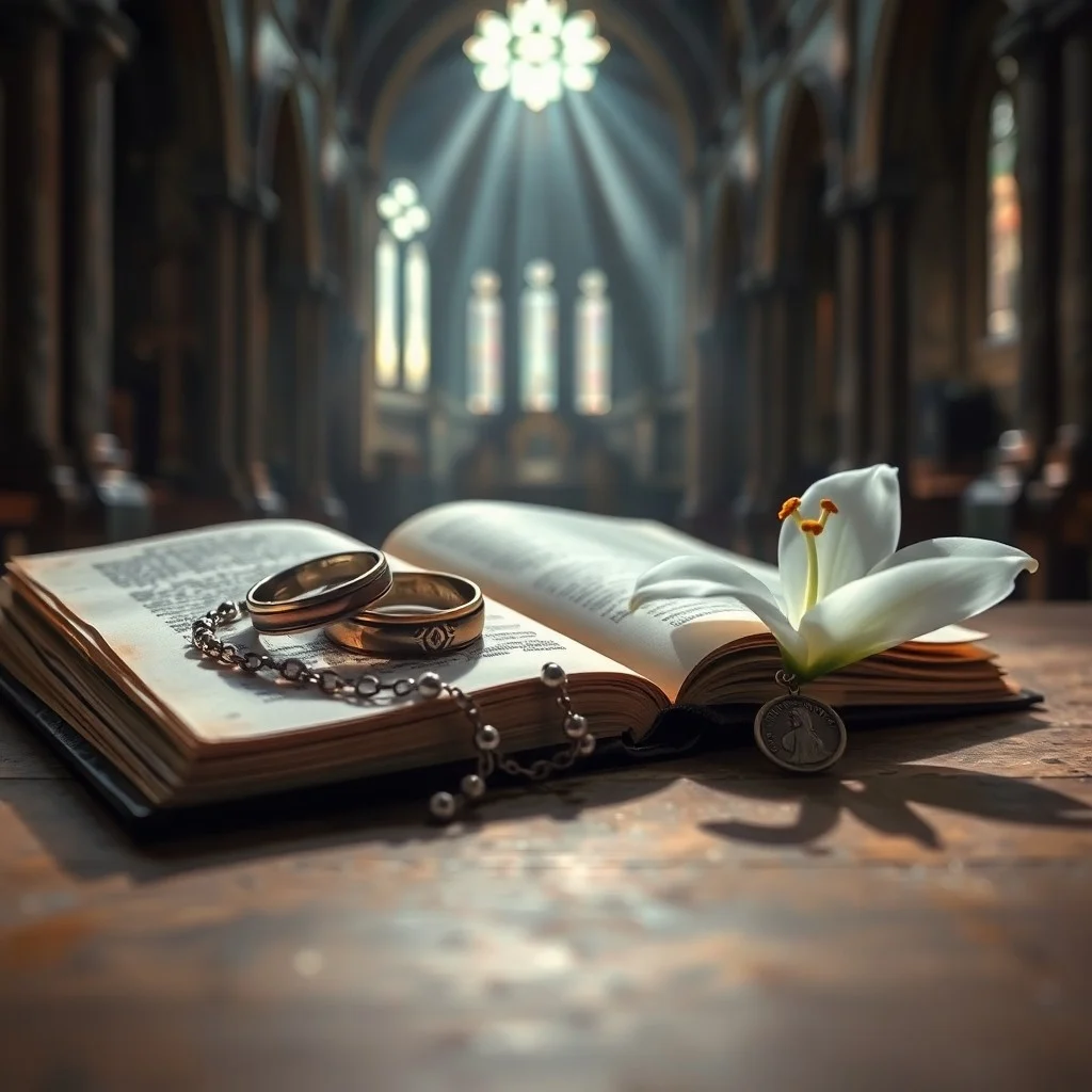 Una Biblia familiar desgastada abierta sobre una mesa de madera antigua, con un rosario y dos anillos de boda entrelazados, bajo una luz suave de vitral.