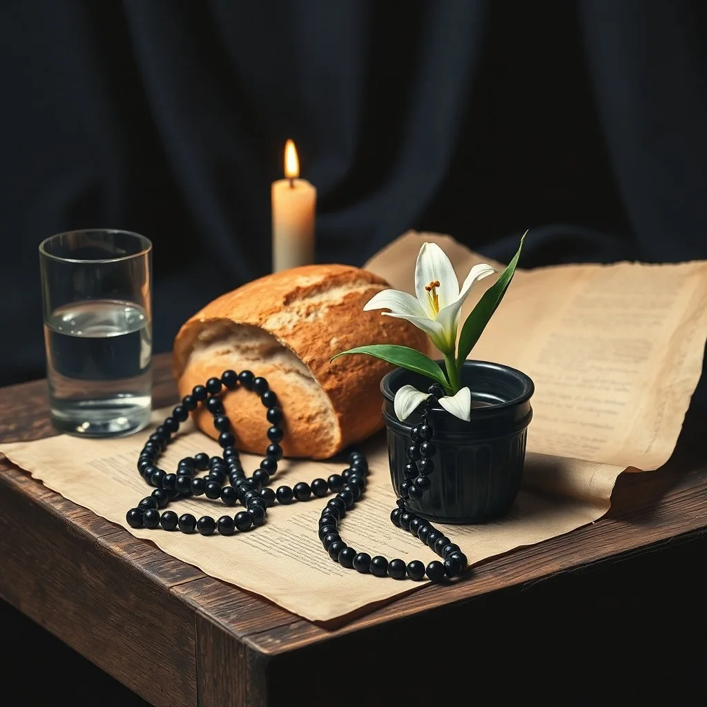 Fotografía cinematográfica de un libro de oraciones antiguo abierto sobre un altar de madera, iluminado por la luz de una vela y rodeado de un rosario.