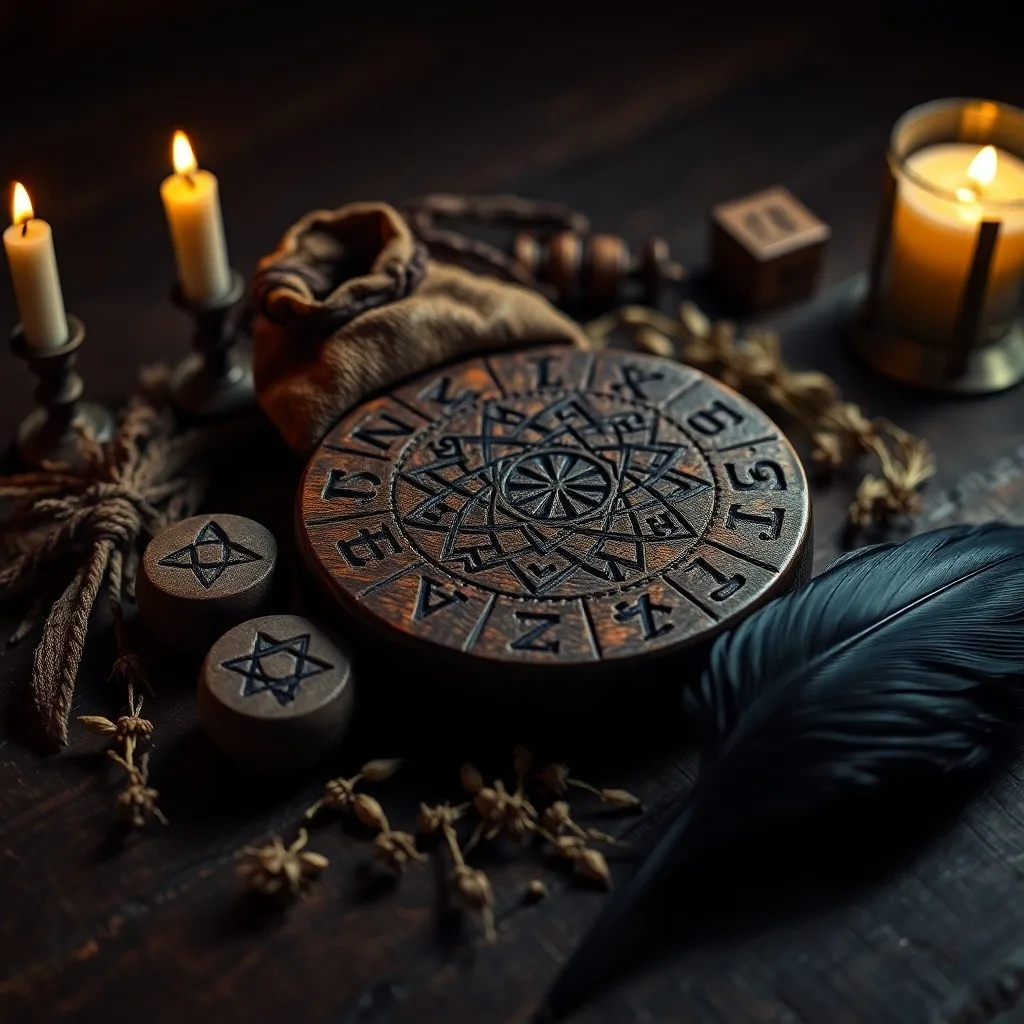 Cinematic still life of carved wooden runes spilling from a leather pouch onto an antique parchment map, illuminated by candlelight, emphasizing the tools of rune casting.