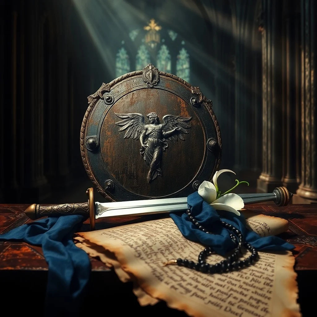 Un escudo antiguo y celestial, grabado con símbolos sagrados, descansa sobre un altar de piedra, bañado en luz mística.