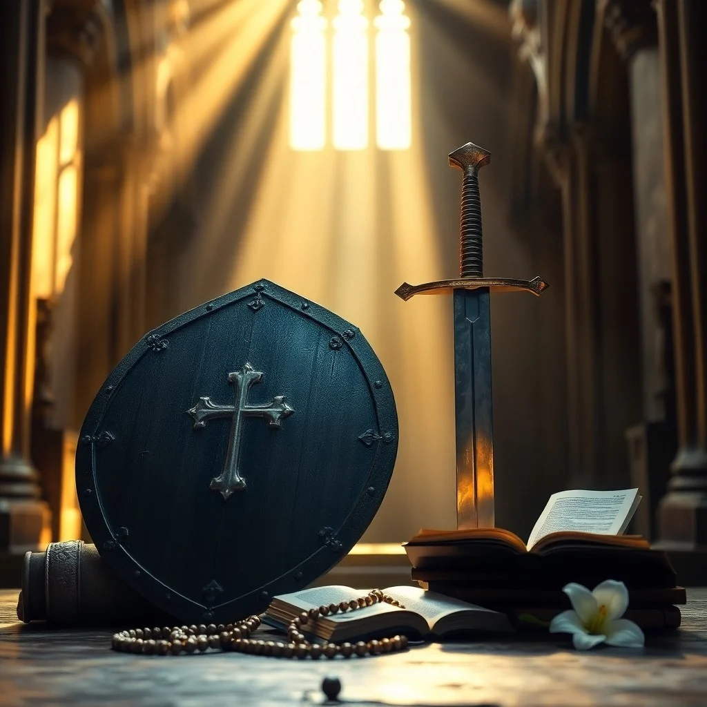 Una Biblia antigua abierta, con la luz de una vela iluminando sus páginas, junto a un rosario sobre un reclinatorio de madera.