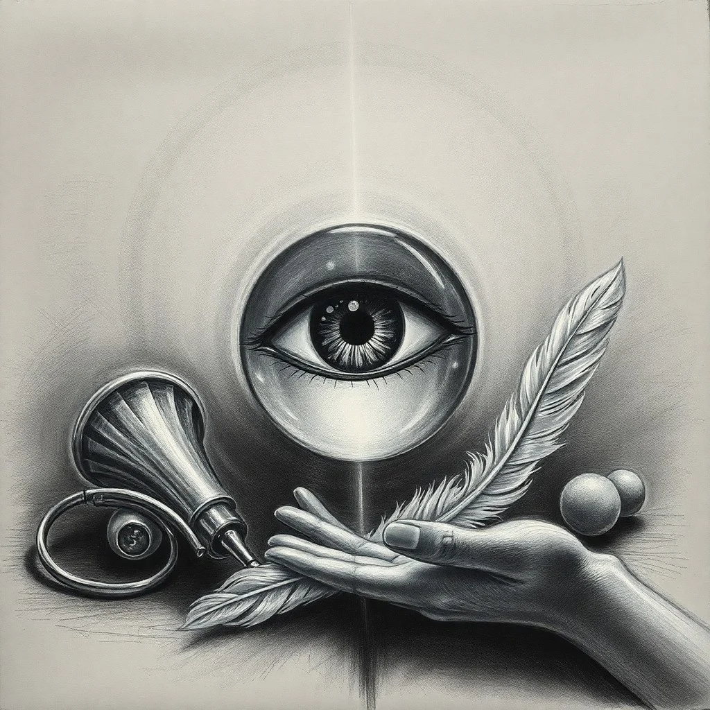 Bola de cristal reflejando una ciudad futurista fragmentada, rodeada de pergaminos antiguos y una vela parpadeante, pintura al óleo con tonos oscuros y claroscuro dramático.