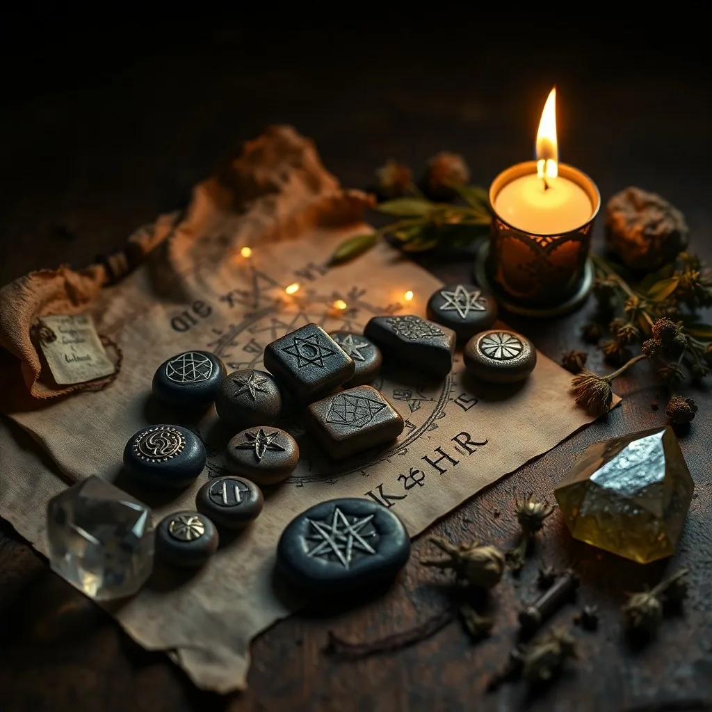 An antique leather-bound book with a glowing runic symbol on its cover, surrounded by iridescent dust and cosmic energy.