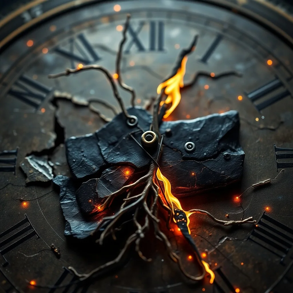 Reloj antiguo roto con proyecciones holográficas, simbolizando la disrupción tecnológica y el cambio generacional.