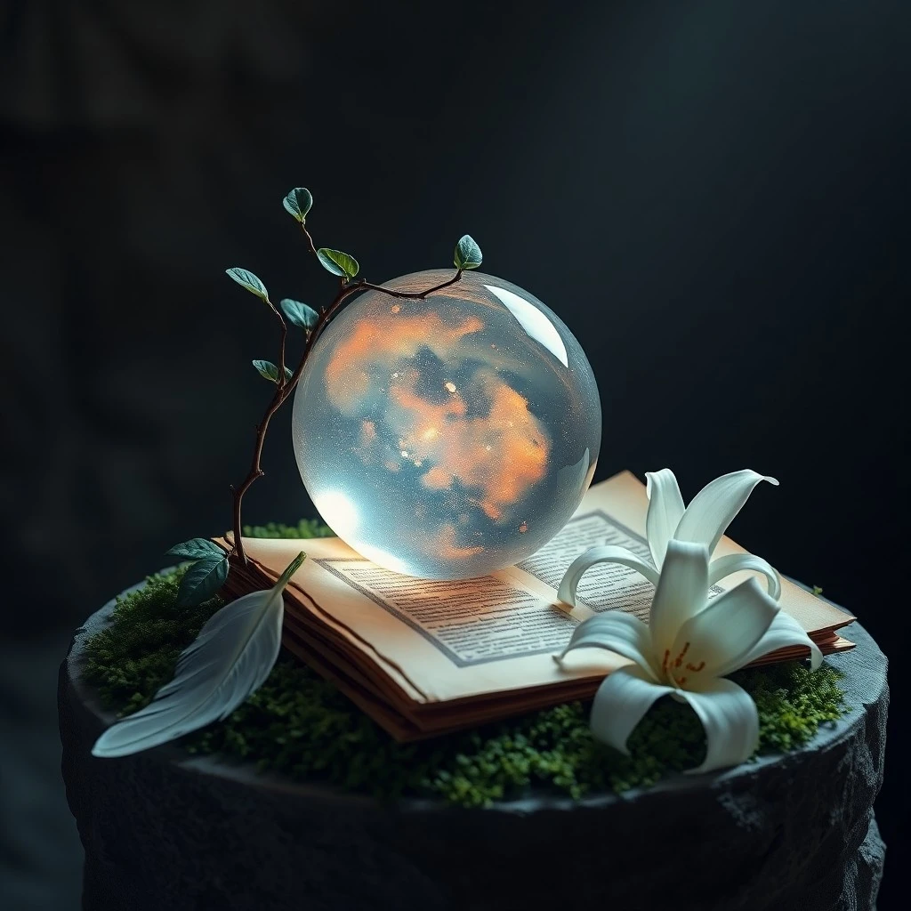 Obra de arte conceptual de un antiguo roble con raíces profundas y ramas extendidas hacia el cielo estrellado. Tres orbes de luz distintos, dorado, plateado y zafiro, lo rodean, simbolizando el Padre, el Hijo y el Espíritu Santo nutriendo la vida del árbol.