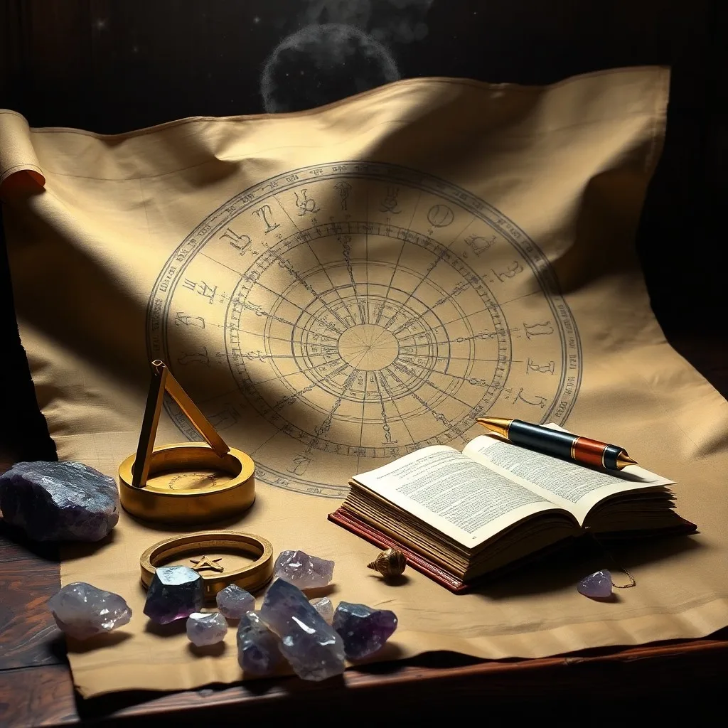 Fotografía macro de un antiguo astrolabio de latón sobre terciopelo, rodeado de pergaminos con diagramas astrológicos y notas manuscritas.