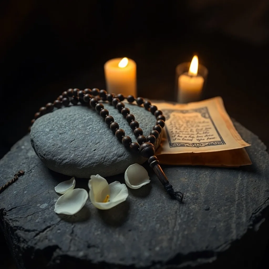 Fotografía de bodegón de un rosario antiguo sobre un libro de oraciones abierto, con una vela encendida que proyecta sombras dramáticas, evocando una atmósfera de reflexión y devoción.