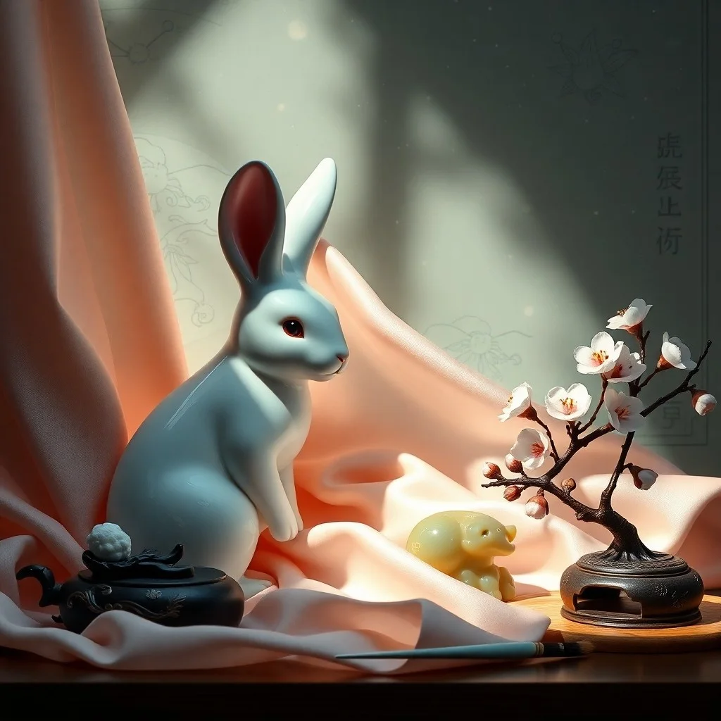 Fotografía cinematográfica de un juego de té de porcelana y una figurilla de conejo de jade sobre una mesa de madera con pergaminos antiguos, iluminado por una luz suave.