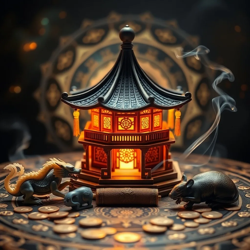 Fotografía macro de un pergamino antiguo con los doce animales del zodiaco chino, incienso y monedas.