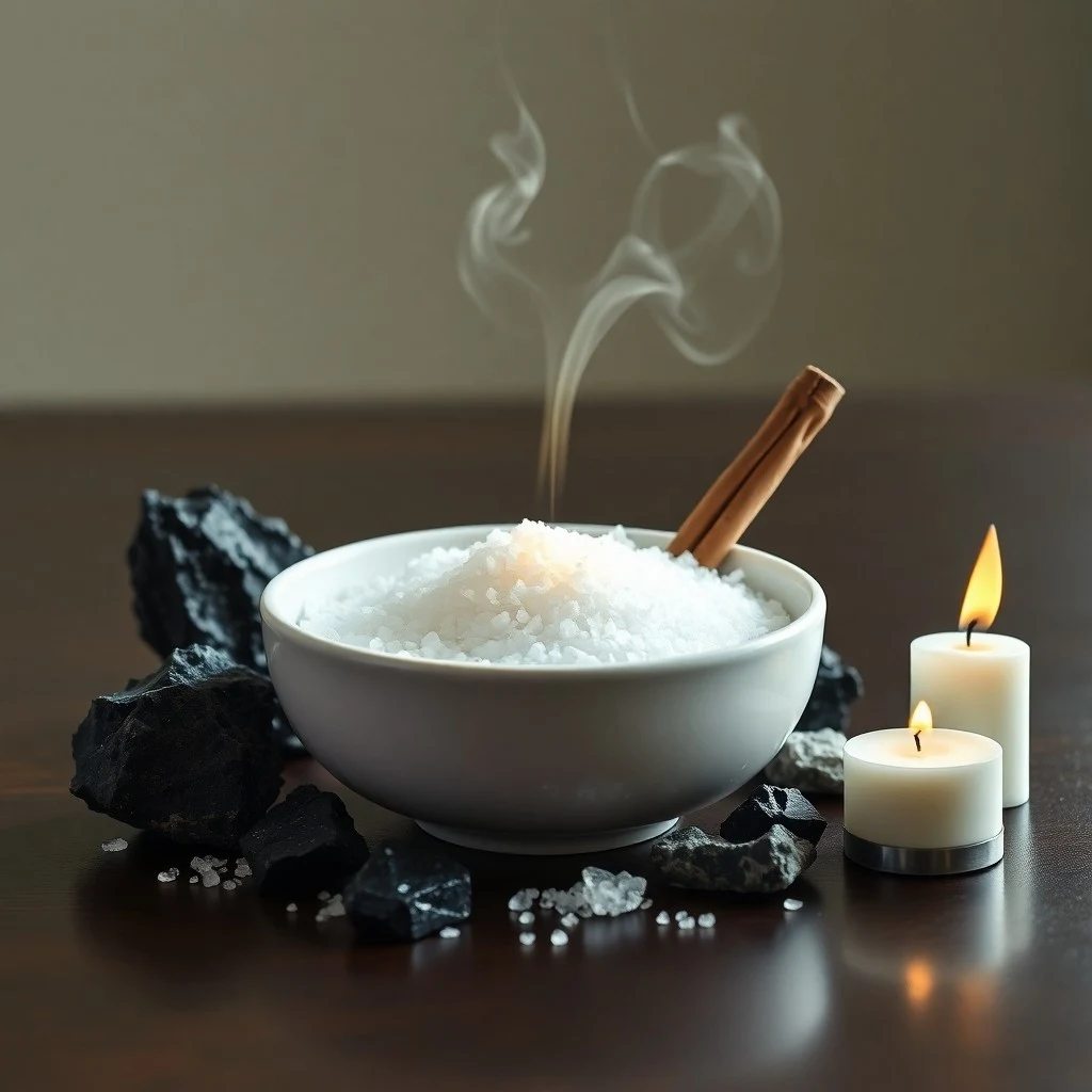 Colección de objetos rituales: salvia, cuenco tibetano, cristales y una campana, sobre una mesa de madera.