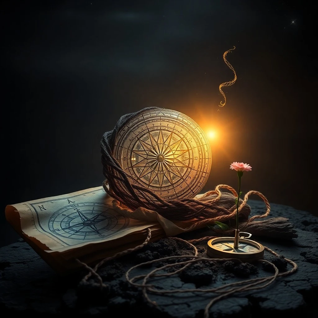 A cinematic still life featuring an antique compass on ancient parchment, surrounded by glowing crystal shards, symbolizing guidance for past and future paths.
