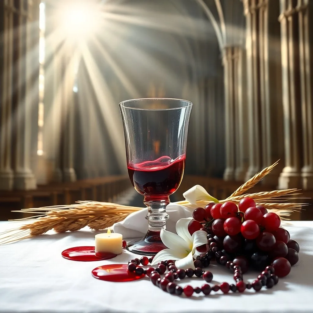 Pintura de acuarela de espigas de trigo y uvas, elementos simbólicos de la Eucaristía, con luz suave.