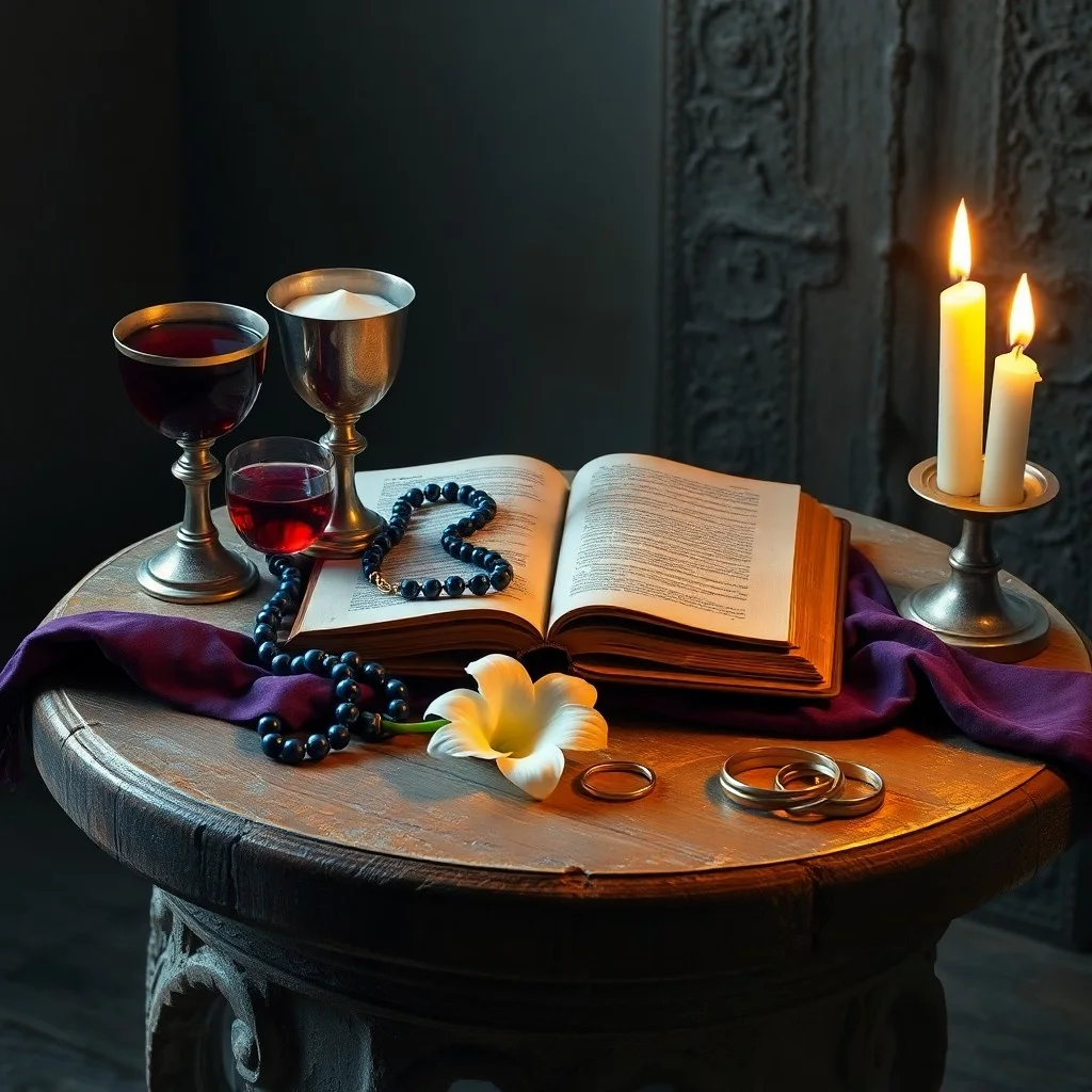 Bodegón de objetos religiosos antiguos: un rosario, un crucifijo y un libro de oraciones en una mesa de madera.