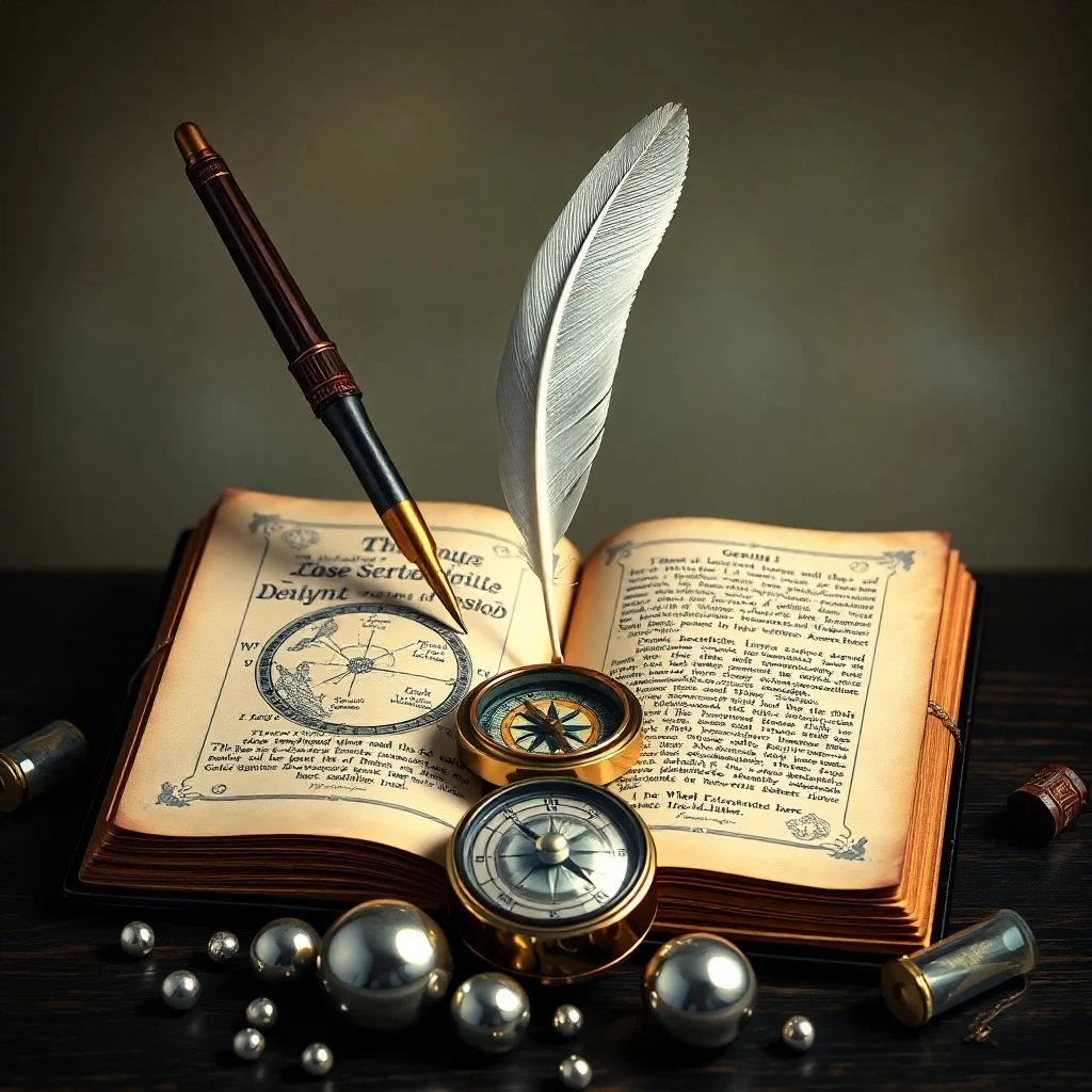 Cinematic still life of an antique typewriter, open books, and a vintage phone on a wooden desk, symbolizing intellectual pursuits and communication.