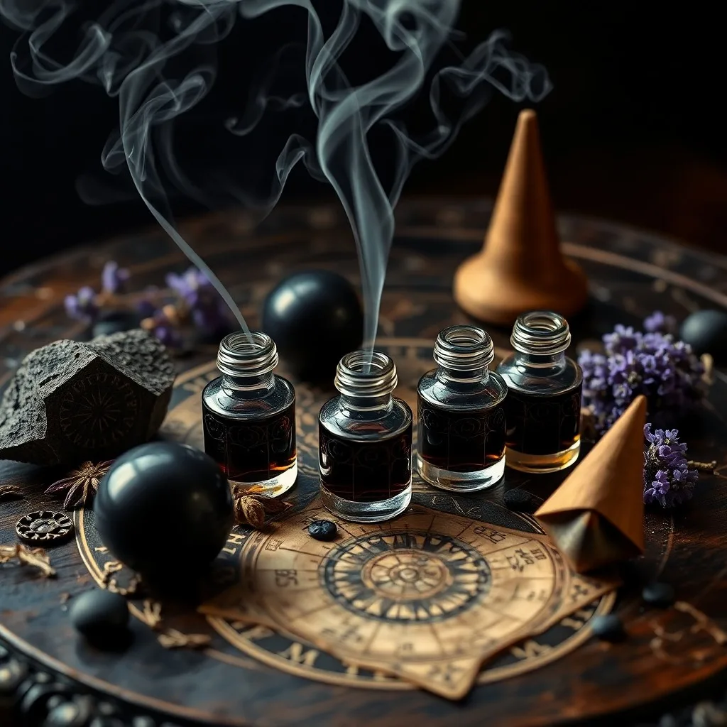 Antique wooden altar with a censer, essential oil bottles, a crystal ball, and an open grimoire, reflecting atmospheric lighting.