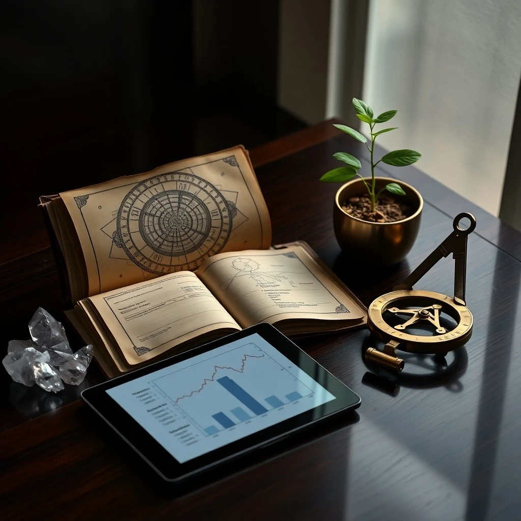 Intricate clockwork mechanism with planetary symbols, set against a futuristic office desk with a holographic growth chart, representing strategic business alignment.