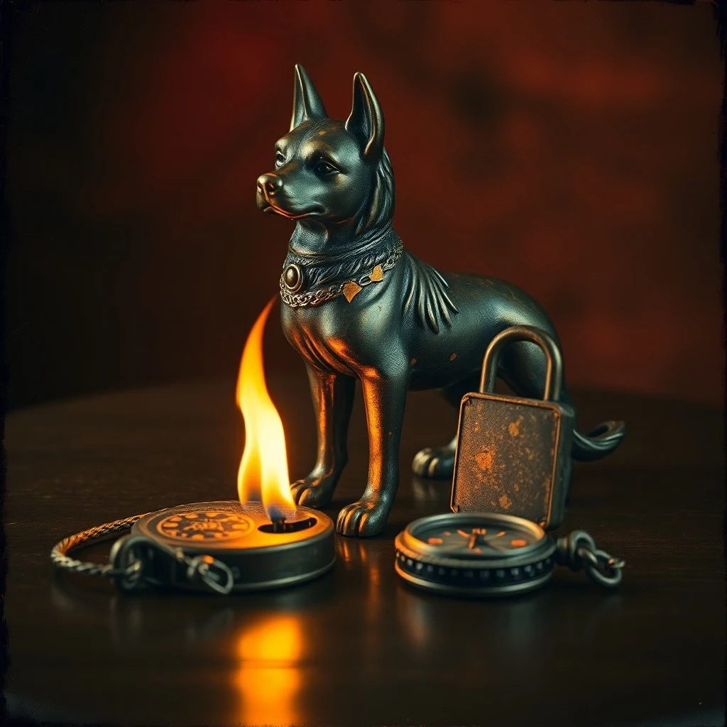 Vintage military medal with dog emblem on a worn leather book, with glowing embers, symbolizing bravery and principles.