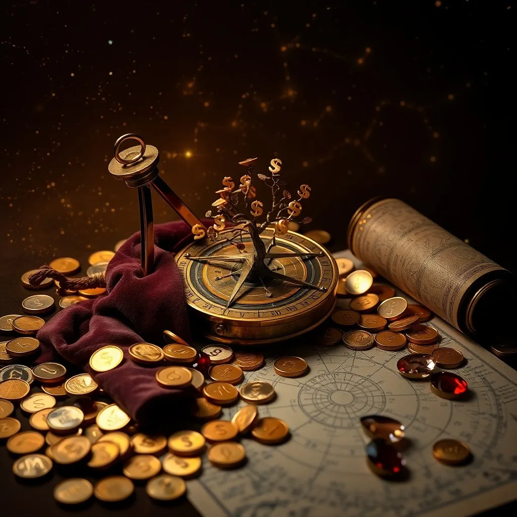 Cornucopia desbordante de frutas, monedas y joyas, con símbolos planetarios y estrellas descendiendo suavemente sobre ella, en un estilo de pintura acuarela.