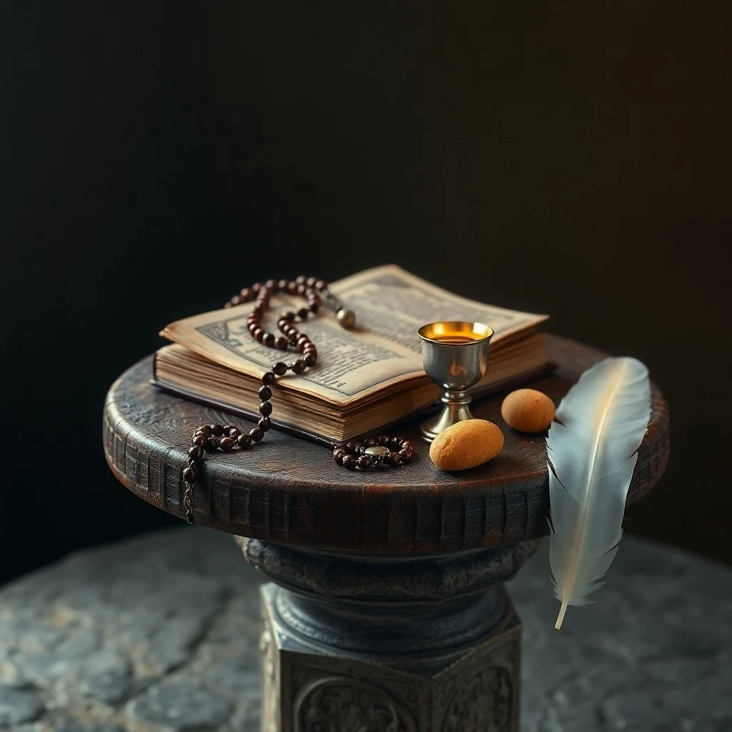 Fotografía cinematográfica de naturaleza muerta: un libro de oraciones antiguo y gastado abierto, junto a un crucifijo sencillo de madera de olivo, sobre un altar de piedra rústica, iluminado por la suave llama de una vela, en una atmósfera oscura y contemplativa.