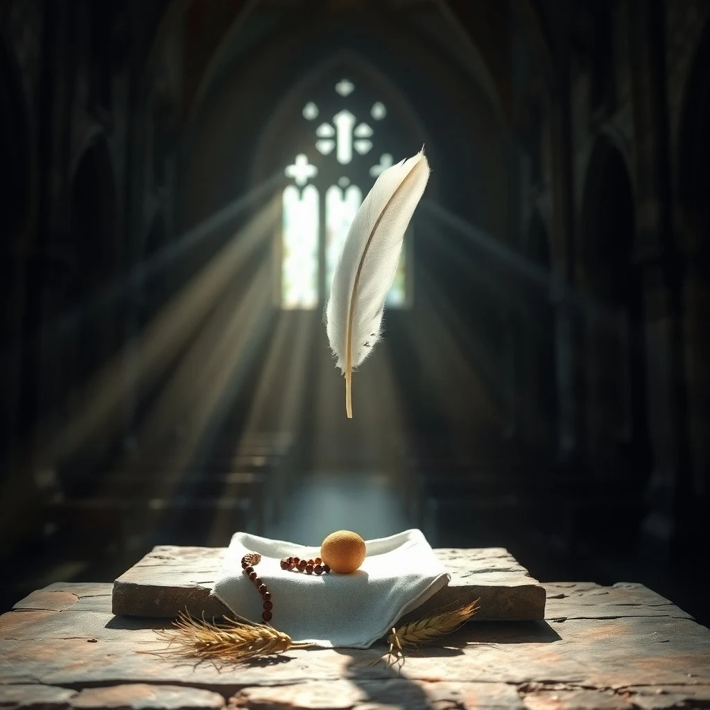 Arte conceptual: un velo brillante y translúcido cubriendo suavemente un paisaje de colinas ondulantes y un pequeño pueblo humilde en la distancia, sugiriendo presencia y protección divinas, con sutiles rayos de luz que se abren paso, en un enfoque suave y onírico.