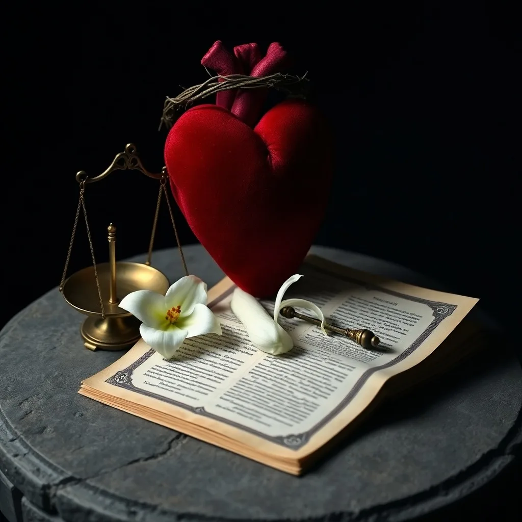 Ilustración digital 3D de un corazón estilizado hecho de hilos dorados entrelazados, irradiando una luz suave. Alrededor, patrones geométricos sutiles sugieren orden y estructura divina. La composición es limpia y moderna.