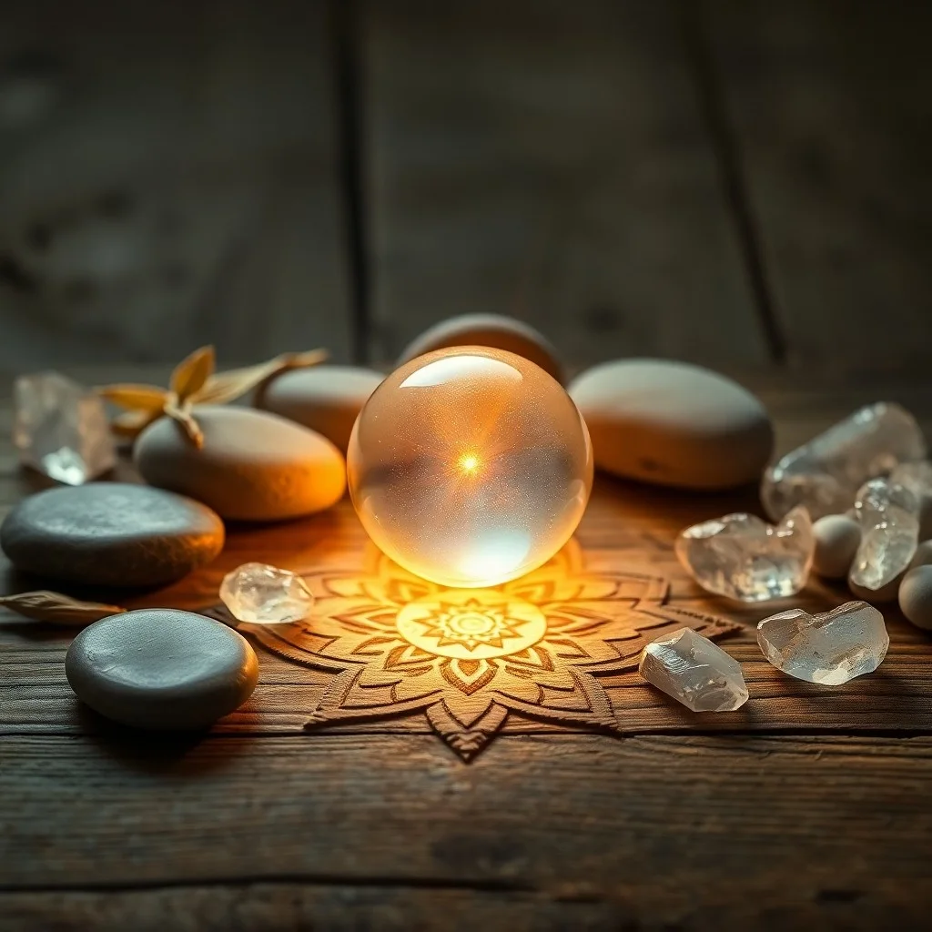 Cinematic Still Life of hands hovering over clear quartz crystals on a wooden altar, with subtle energy lines and an intricately carved wooden symbol. Focus on texture and light.