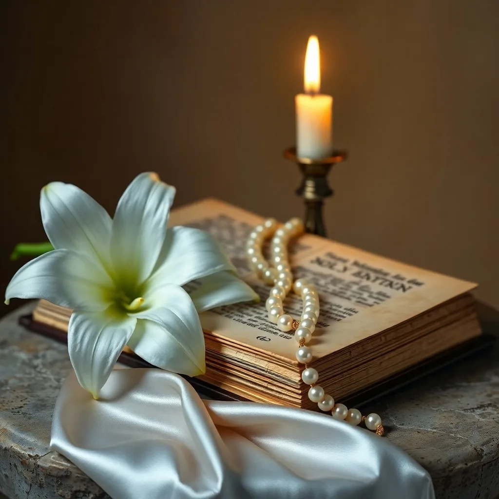 Una Biblia antigua de cuero abierta, con un lirio blanco seco sobre sus páginas, simbolizando pureza y el paso a una nueva vida espiritual bajo la luz de un vitral.