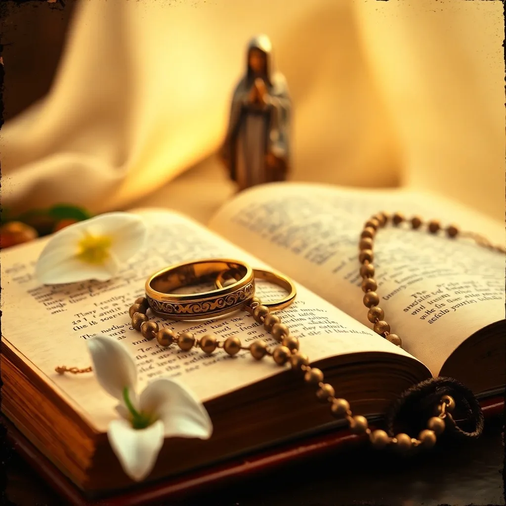 Fotografía de bodegón de un rosario vintage sobre una Biblia abierta con una vela encendida, simbolizando devoción y fe.