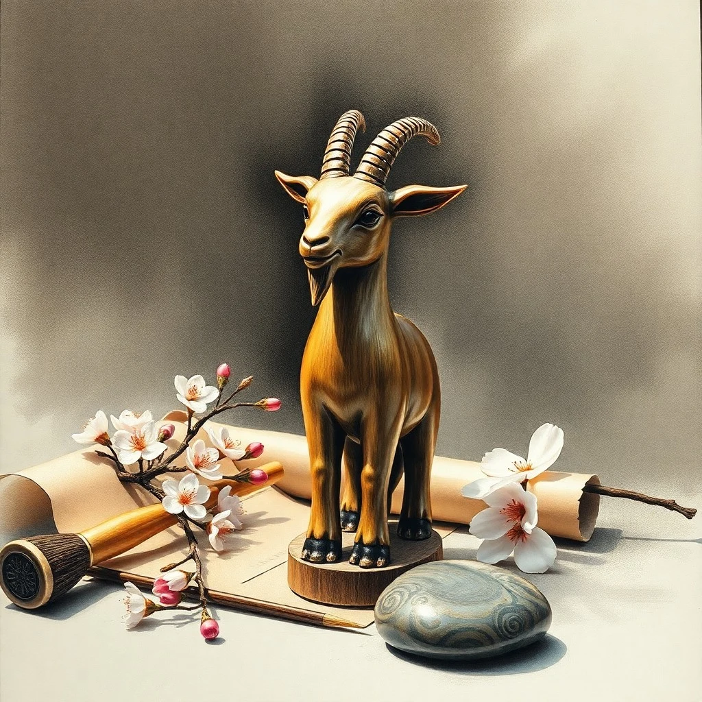 Pintura de acuarela de plumas de caligrafía y pinceles sobre pergamino con bocetos artísticos y una figura de pájaro de madera tallada.