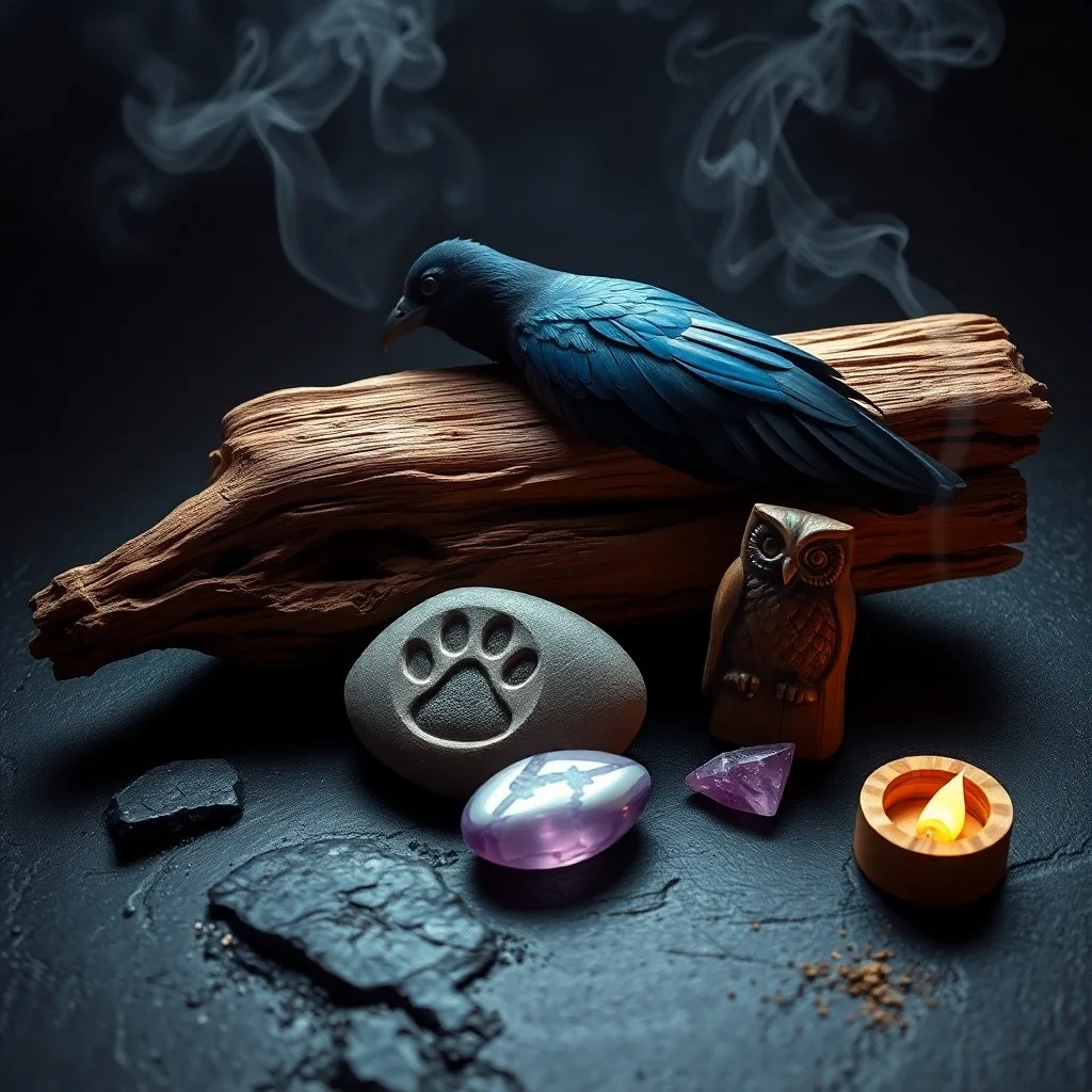 An antique wooden desk with a journal open to an abstract animal symbol, a polished crystal, and a feather, all softly glowing.