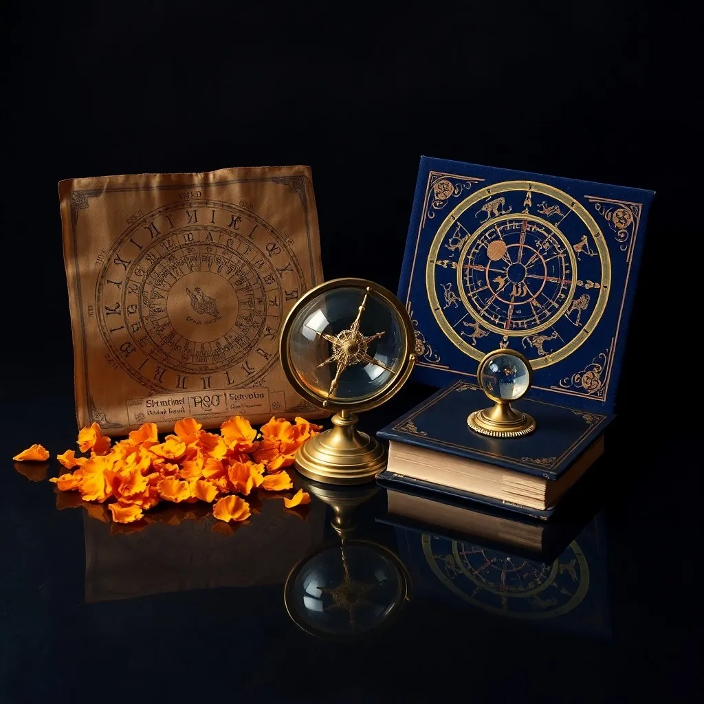 An ancient, weathered palm leaf manuscript resting beside a modern astronomy book with star charts, illuminated by an ethereal glow.