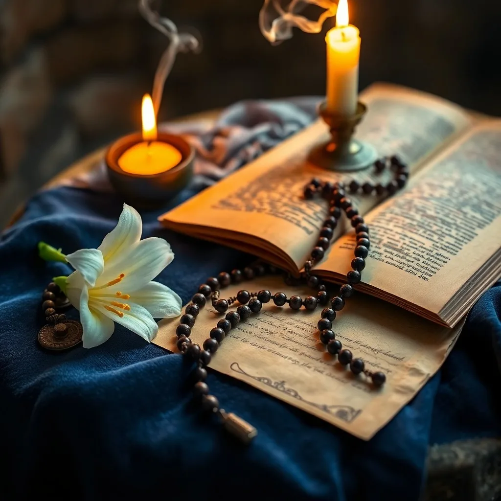 Un rosario antiguo de madera reposando sobre una Biblia abierta e iluminada por una vela. Un pétalo de rosa delicado descansa cerca del crucifijo.