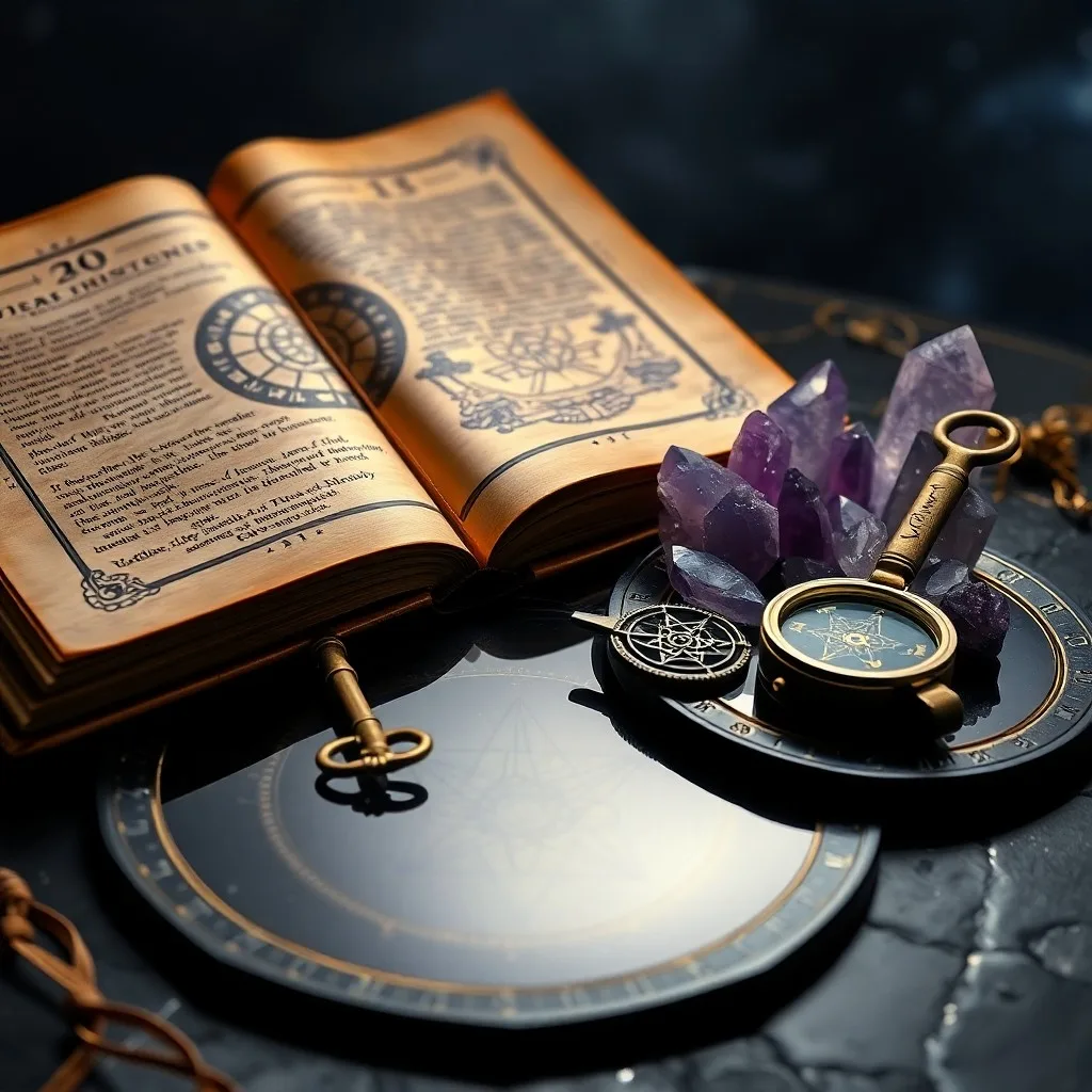 A worn leather-bound journal open on a wooden desk, pages filled with glowing, illegible script, a single feather quill, soft, diffused light, antique aesthetic.